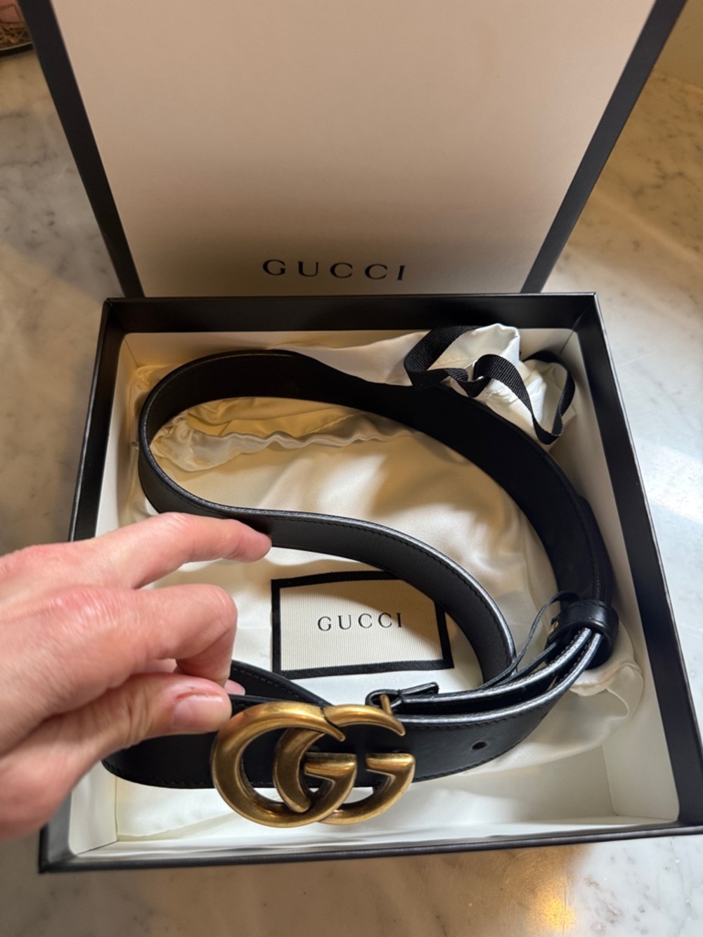 Gucci Black Leather Belt with Antiqued Gold Double G Buckle